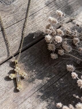 Gold Pearl Cross Pendant Necklace for Women